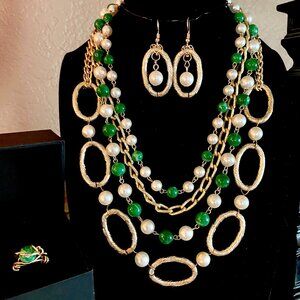 OOAK Handcrafted Pearl & Green Beaded Drape Necklace Set